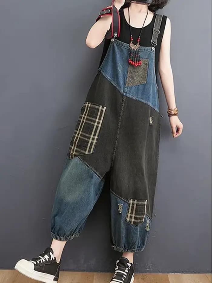 Amax luluE coréen automne jean femmes Plaid déchiré Denim salopette dames Vintage Punk pantalon ample luxe classique