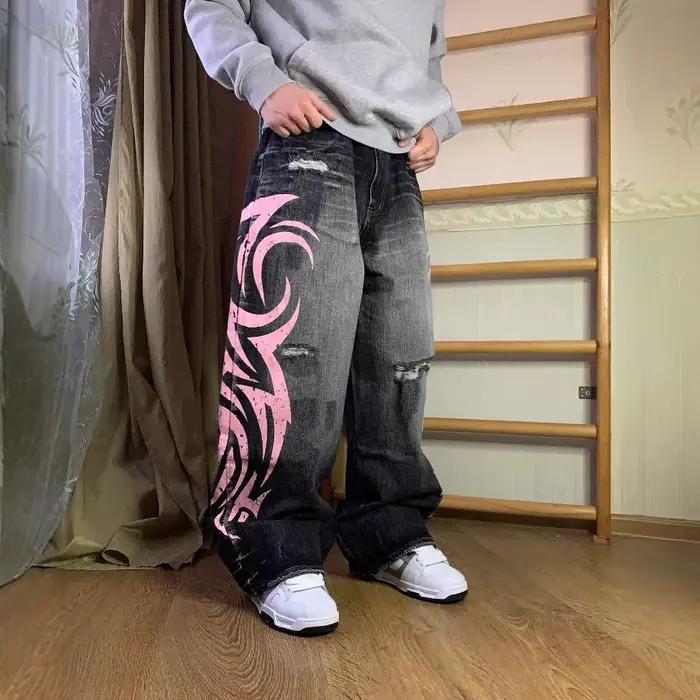 Y2K américain Vintage tacheté Totem imprimé Baggy jean femme taille haute jambe large