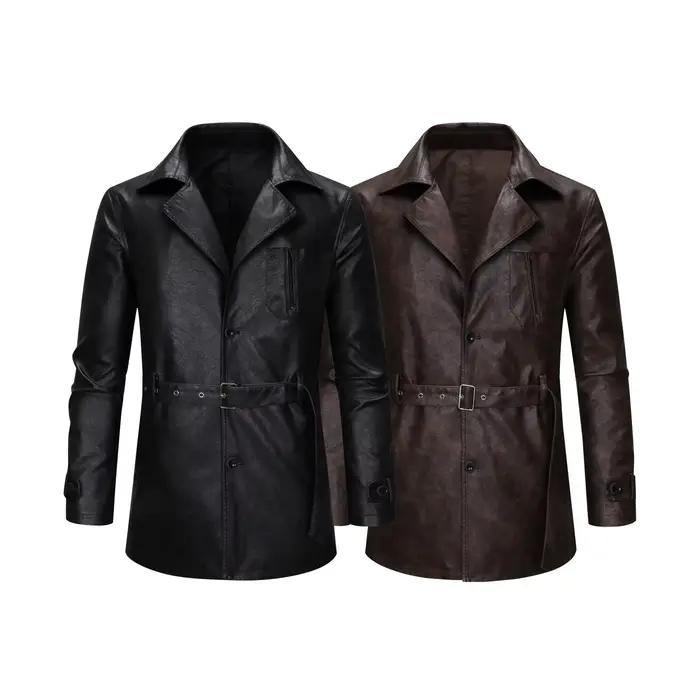 Cool à la mode mi à longue longueur veste en cuir hommes coupe ajustée Double boutonnage