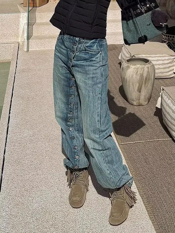 American Spice Girl Jeans Pantalon de sol rétro délavé avec patte inclinée et boutons pour enfants