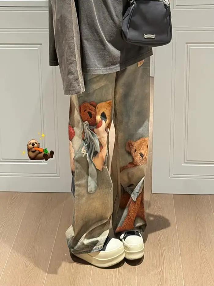 Pantalon Large à Jambe Droite Imprimé Little Bear Vintage Y2K Pour Femmes Occasions Printemps Automne