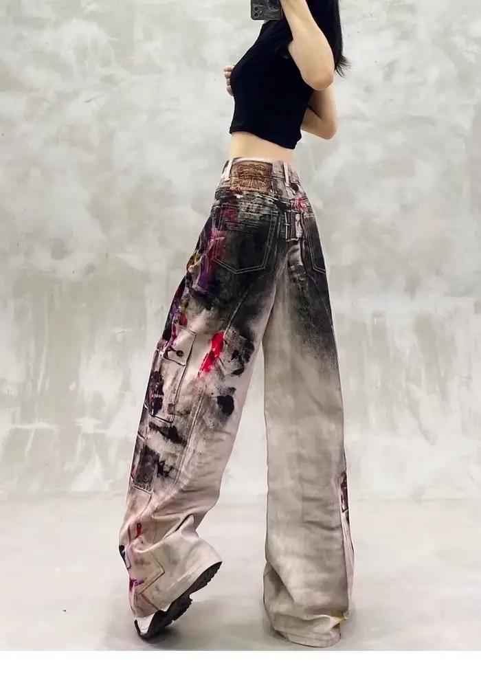 Y2k jean dames Cool peint Graffiti avec taille haute et coupe ample