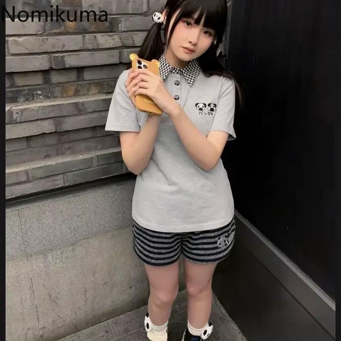 Short japonais pour femmes Panda broderie pantalons décontractés décontracté mode rayé mignon été Shorts