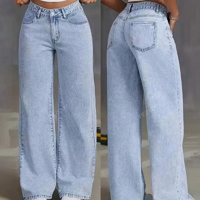 Jean à jambes droites pour femmes, rétro coréen, taille haute, décontracté, jambes larges, de styliste, rose, Style fille chaude