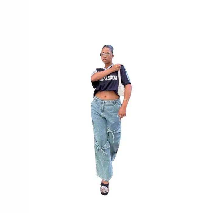 2025Y2K Spice Girls Collage Bow Jeans Pantalon droit femme