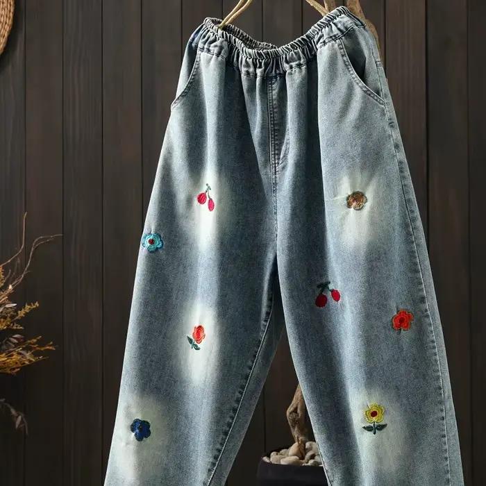 Jean Harem en Denim Style Fille Mori Broderie Florale Cartoon Coupe Droite Décontractée Occasions Printemps Automne