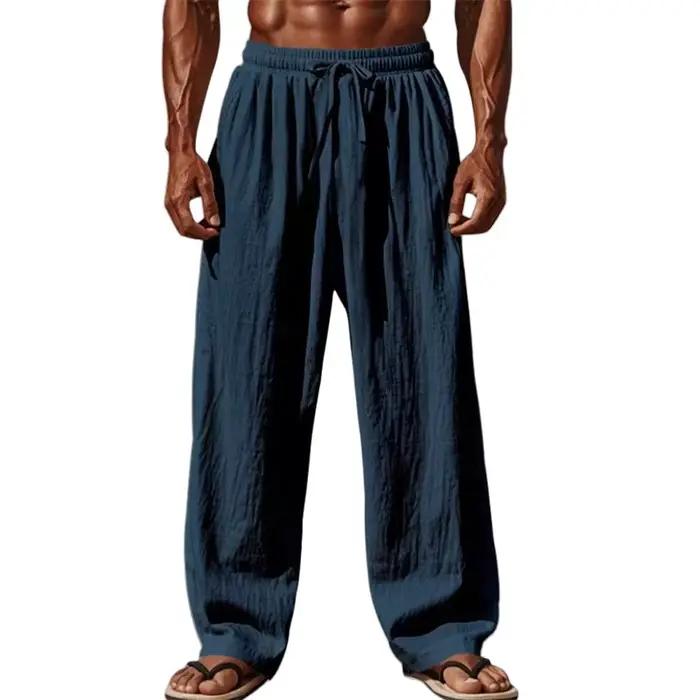 2025 nouveaux hommes coton et lin pantalons décontractés Simple et confortable jambe droite pantalon taille cordon