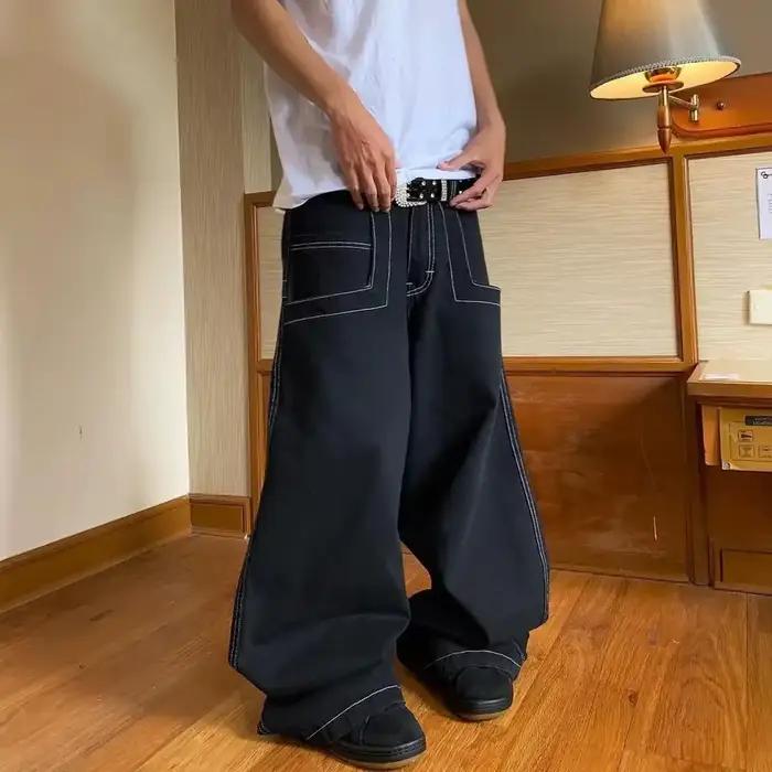 Jeans brodés style streetwear, jeans hip-hop amples à jambes larges