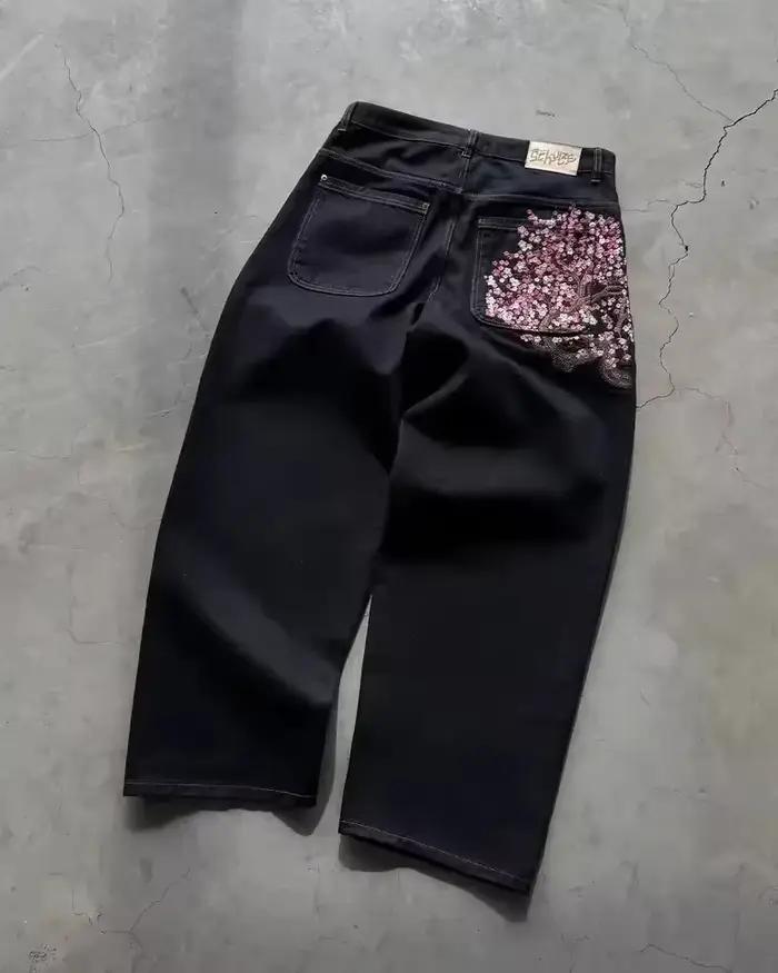 Jean Baggy BiggOrange Brodé Fleurs Cerisier Pantalon Vintage Taille Basse Jambes Larges Vêtements Y2K Hommes Femmes Occasions Décontractées