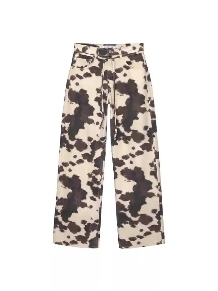 HOUZHOU Vintage vache imprimé jean femmes Y2k Baggy Hip Hop lavé Denim pantalon Grunge rétro Streetwear jambe large