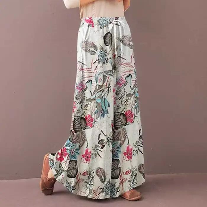 Femmes imprimé fleuri Pantalon à jambes larges printemps automne mode cordon bohême Pantalon dames décontracté ample taille élastique Pantalon