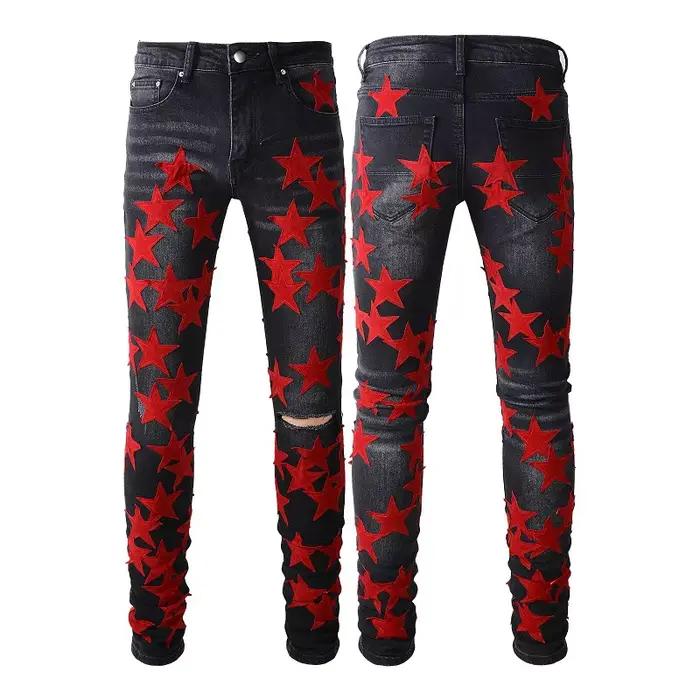 Jean homme en détresse Streetwear pantalon en Denim bleu clair étoiles jaunes Patchwork trous de moustache