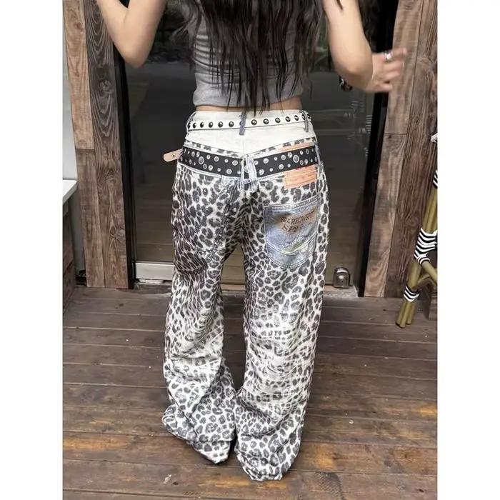 Baggy Y2k Léopard Japonais Denim Pantalon Harmonique Élégante Occasions Spéciales Femmes Style High Street Coupe Amples Occasions Toutes Saisons