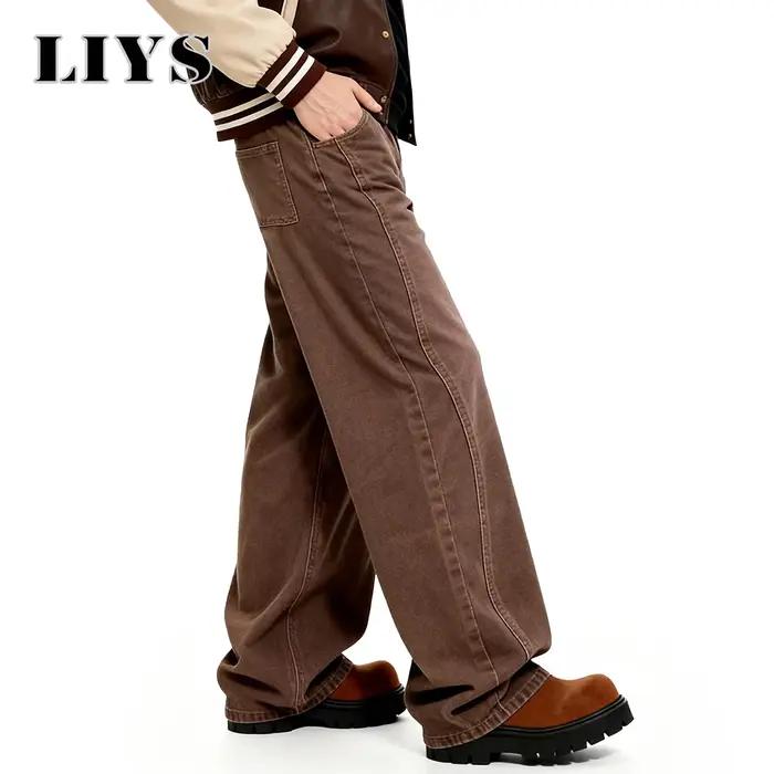 Américain rétro hommes marron décontracté Baggy jambe large jean coréen dessin animé éléphant broderie ample