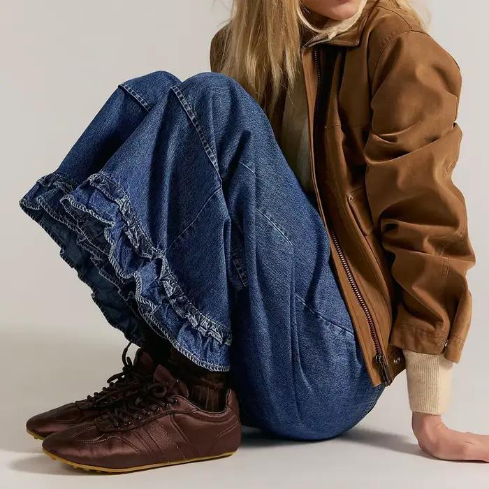 Jean chic bohème bleu clair à ourlet volanté pour femme
