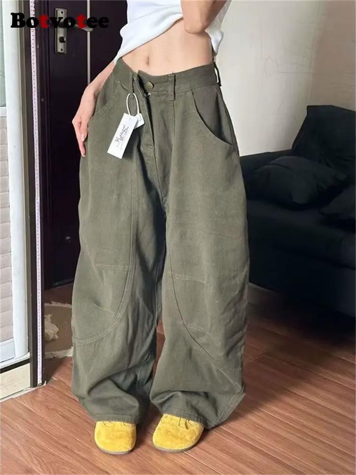 Botvotee Baggye jean pour femmes armée vert taille haute ample Vintage Y2k Long Denim pantalon femme mode Streetwear