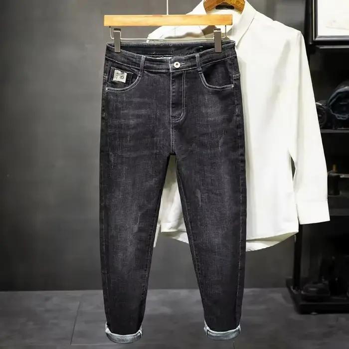 Jeans slim fit stretch noirs pour hommes, pantalon en denim délavé décontracté