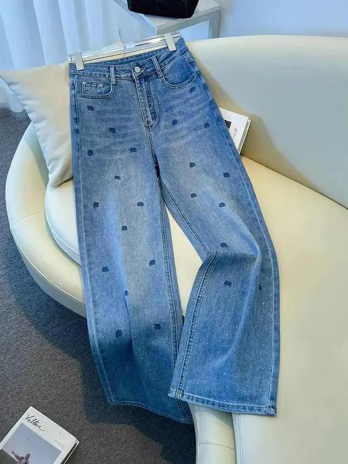 Rose brodé diamant chaud jean américain rétro bleu ample jambe large pantalon 2025 nouvelles femmes taille haute mince