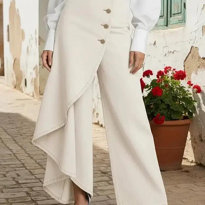 Pantalon en jean asymétrique à volants taille haute pour femme