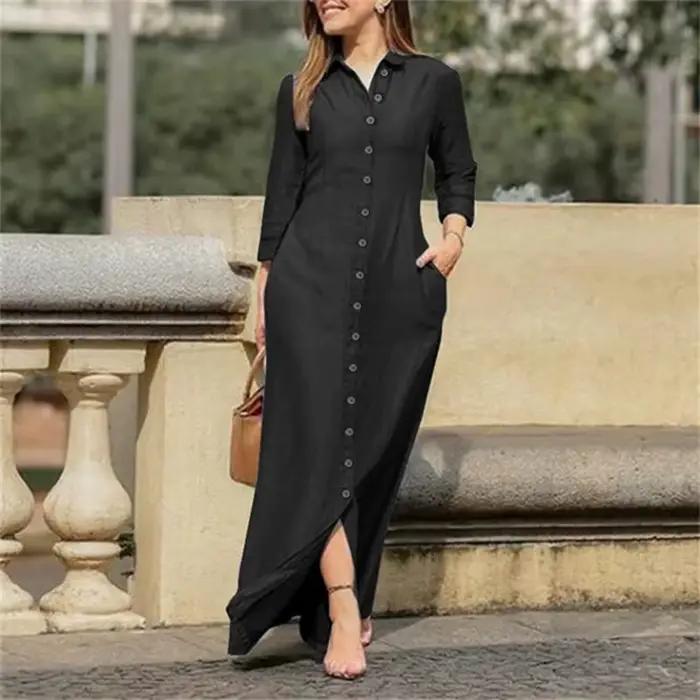 Femmes longue Denim Blouse robe été femme col rabattu à manches longues bouton ample Maxi maillots de bain robes JYFS-5542
