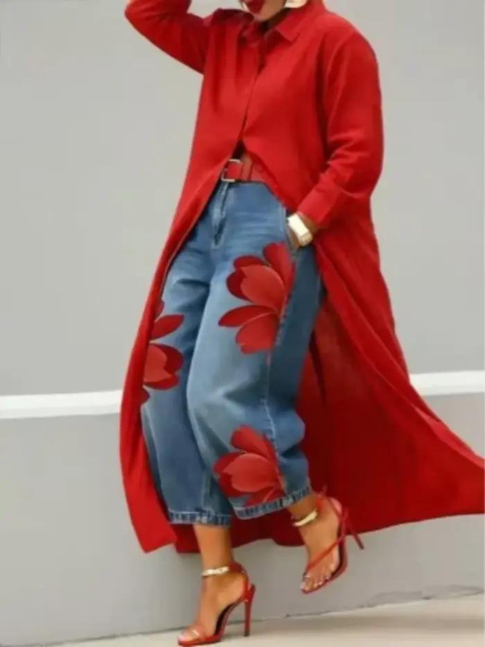 Jean décontracté pour femme à imprimé floral