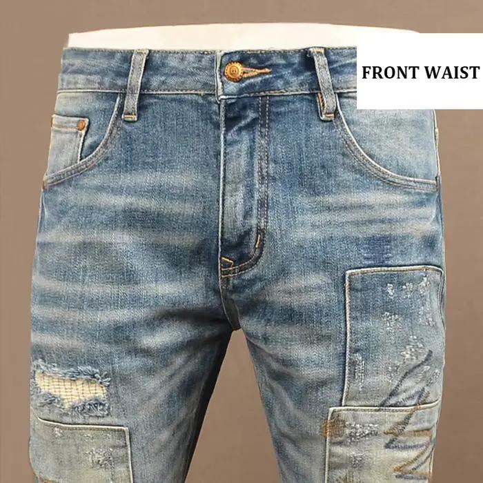 Street Designer Mode Hommes Jeans Rétro Bleu Stretch Broderie Patché Mince Déchiré