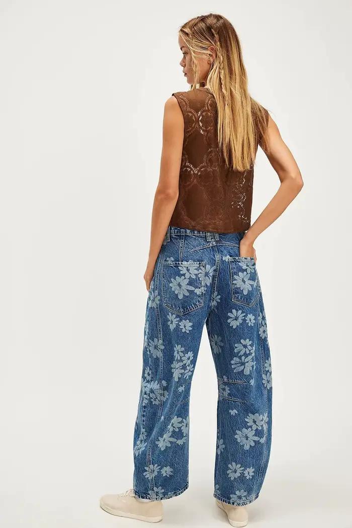Boho plage bleu coton Denim jean pour femmes pantalon décontracté ample taille moyenne Tube en forme