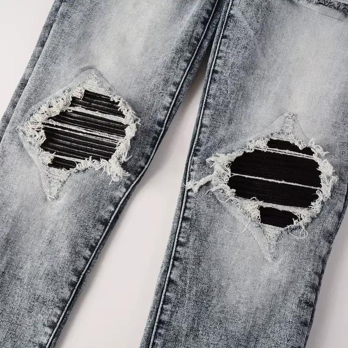 Jean homme Vintage trous pantalon Rivet Patch mince maigre déchiré