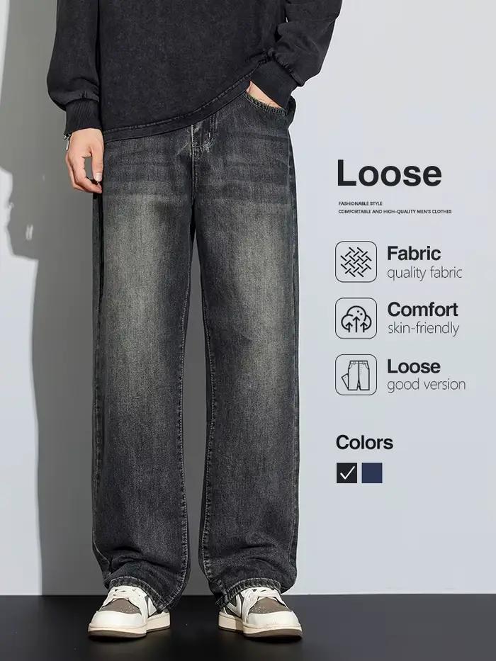 Jean ample et droit pour homme – Collection Automne – Style Rétro Classique – Pantalon en denim de coton délavé –