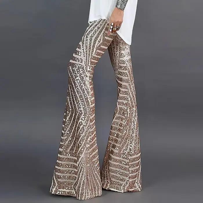 Paillettes taille haute maigre Flare Streetwear sauvage basique mince 2023 tendance Patchwork pantalon pantalons