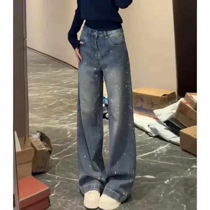 Femmes américaines décontracté jambe large jean automne hiver femme taille haute