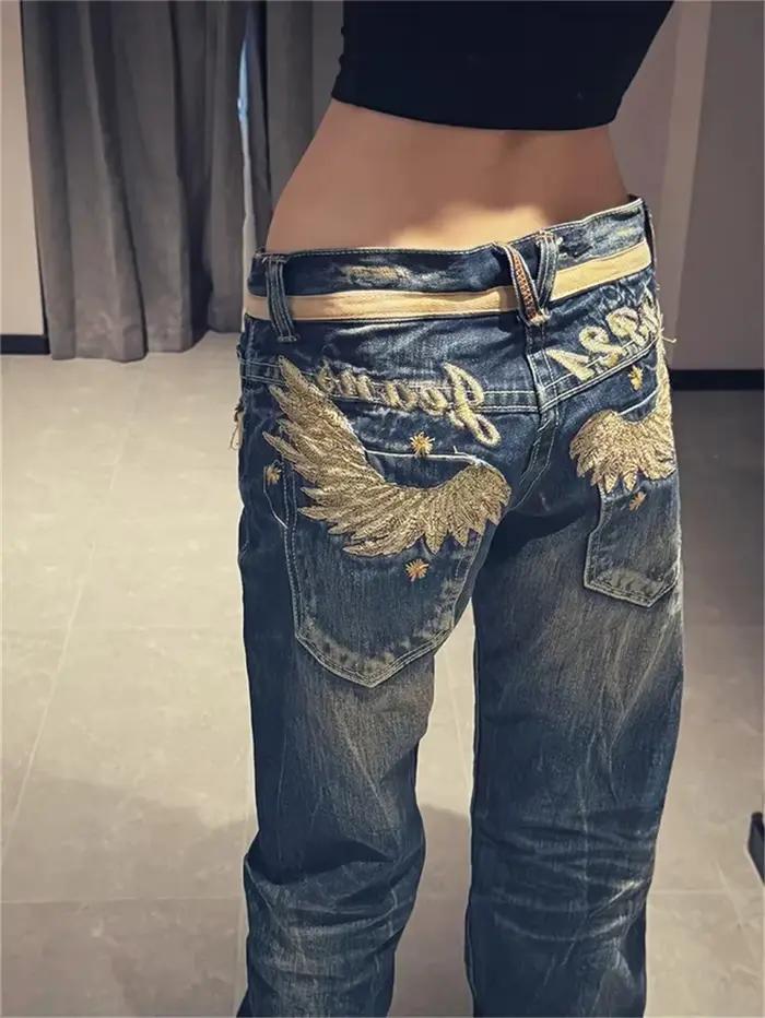 Jeans brodés aux ailes dorées personnalisés pour enfants, pantalon évasé taille basse, design décontracté, printemps été, pour filles occasions spéciales