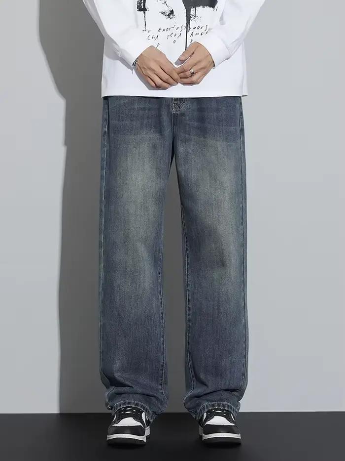 Jean ample et droit pour homme – Collection Automne – Style Rétro Classique – Pantalon en denim de coton délavé –