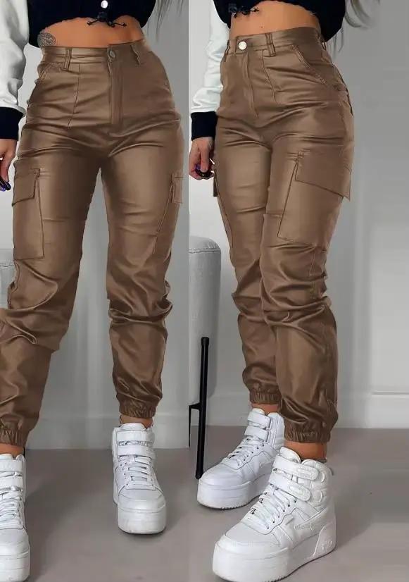 Pantalon Cargo en cuir PU pour femme
