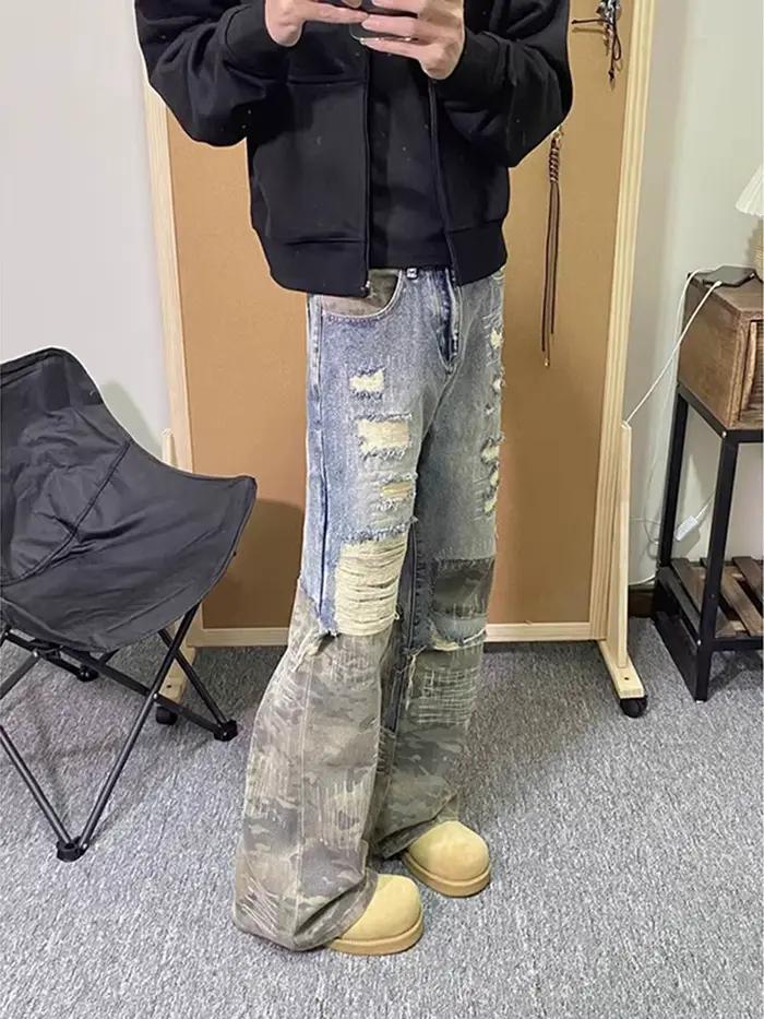 Jeans patchwork camouflage rétro américain pour hommes et femmes