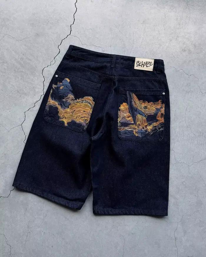 Shorts denim BiggOrange rétro avec broderie patchwork pour homme et femme, idéaux pour les styles hip-hop et streetwear, adapté pour l'été et les voyages