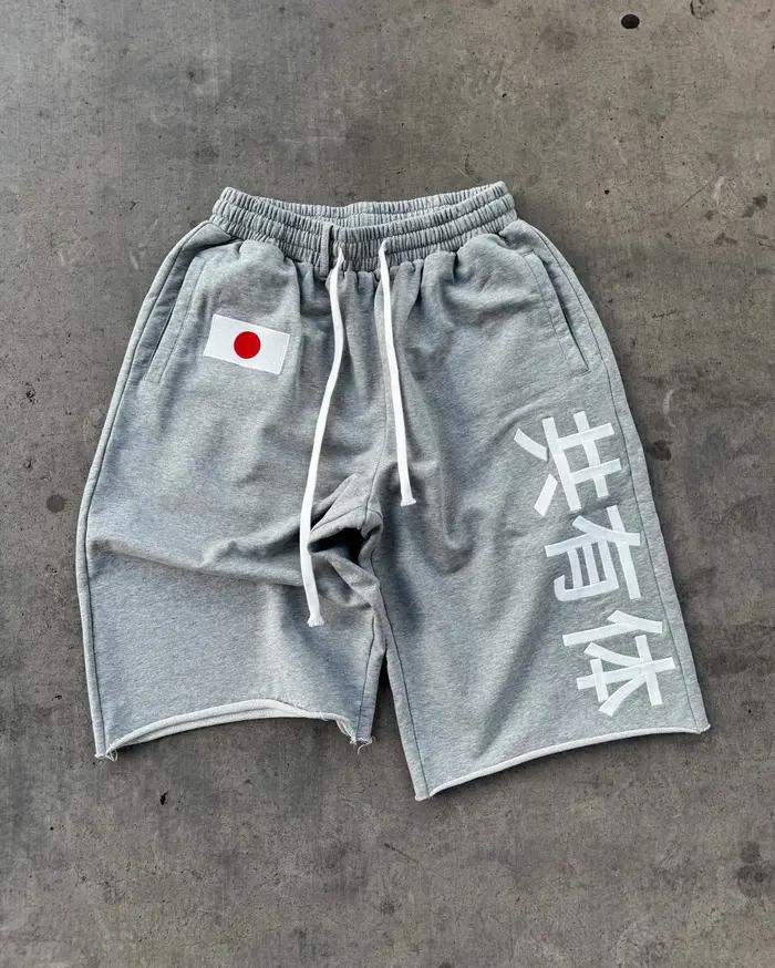 Shorts de survêtement amples effet usé pour homme, broderie Kanji japonais, patch drapeau du Japon, cordon de serrage, style Y2K Harajuku, longueur genou, Jorts streetwear