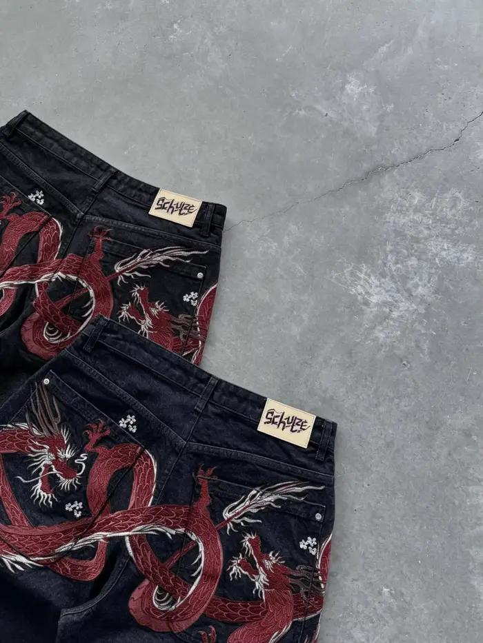 Shorts en jean brodés de dragons et de fleurs japonais pour hommes et couples