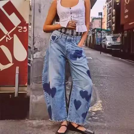 Jean femme imprimé pantalon Long décontracté ample Denim bleu maman coeur taille moyenne jambe large pantalon poche bouton Y2k épissure 2025
