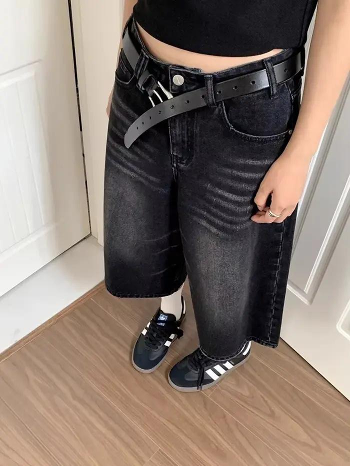 Shorts en jean baggy noirs pour femmes style Y2K vintage jorts à jambe large délavés taille haute streetwear mode décontractée pantalon ample