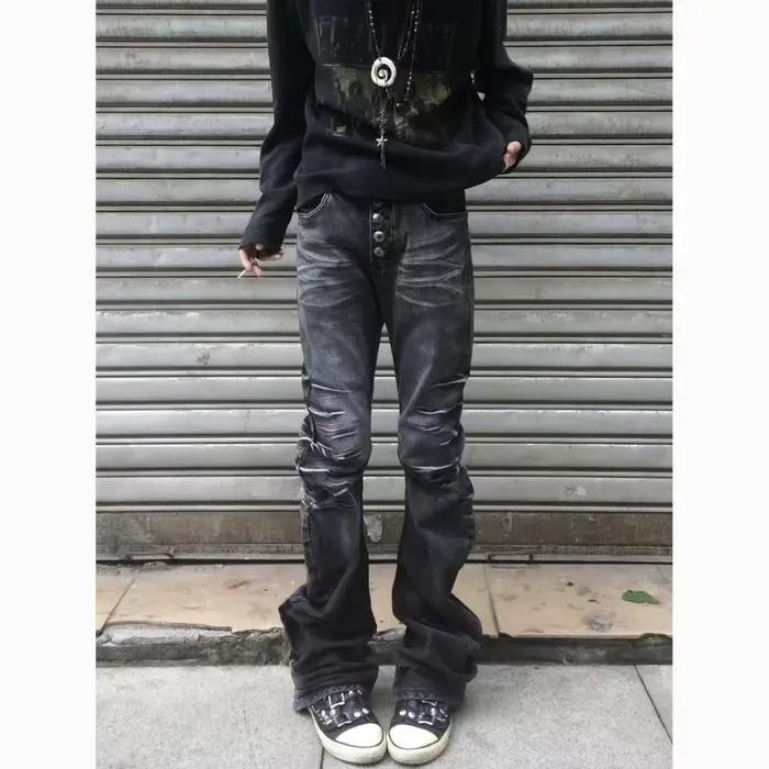Jeans slim empilés délavés et usés style gothique rétro Y2K