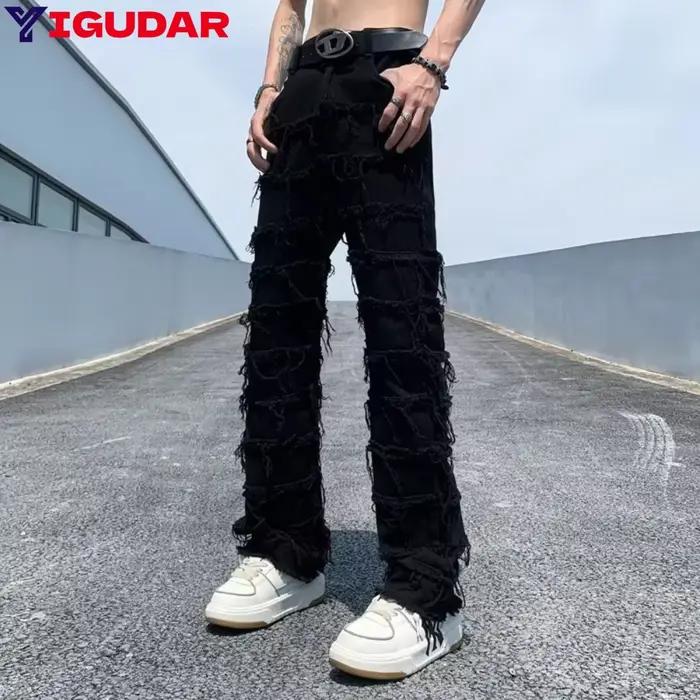 Jeans délavés pour hommes, style hip-hop rétro, denim vintage, coupe droite, ajustement confortable, fermeture bouton volant, polyester coton, adapté aux quatre saisons