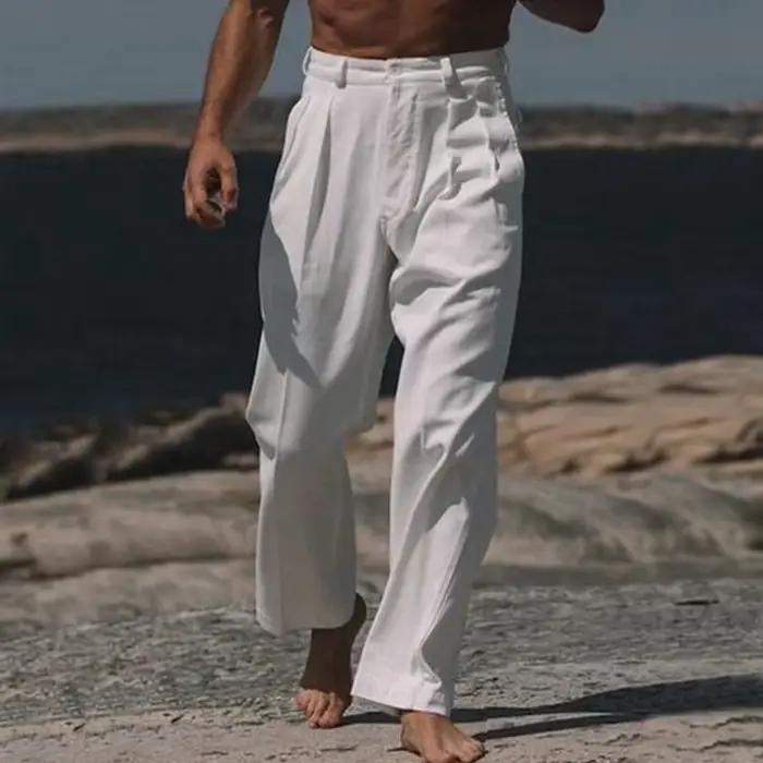 Vintage couleur unie pantalon en lin ample pour hommes printemps été nouveau