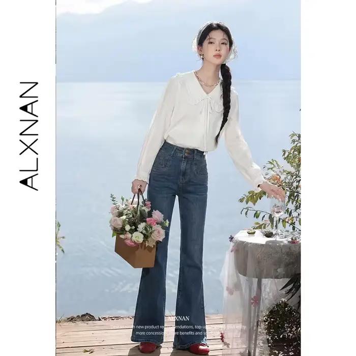 ALXNAN Jean bleu vintage taille haute évasé pour femme 2026 – Pantalon en denim ample et décontracté élégant
