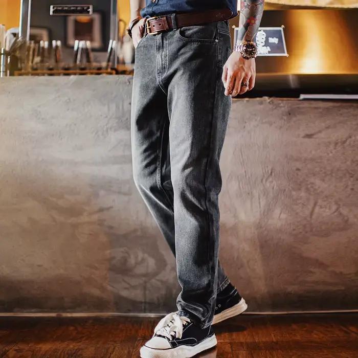 Maden Jeans en denim épais vintage pour hommes 13 oz Pantalon conique à jambe droite gris délavé