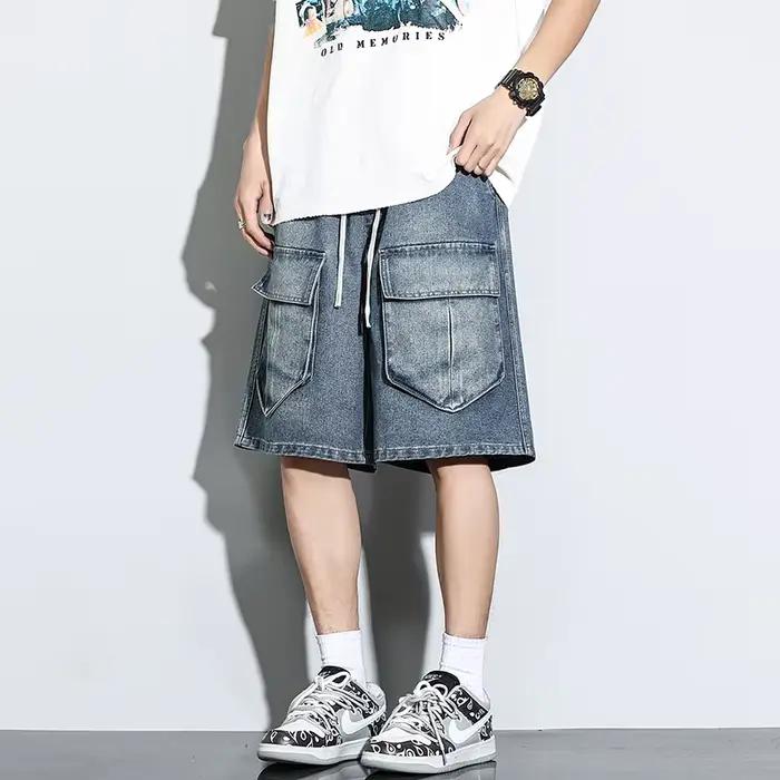 Bermuda hommes Denim Shorts été nouvelle mode jean ample décontracté Vintage cordon Cargo pantalon court mâle Streetwear