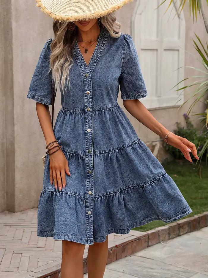 Robe en jean vintage délavée à volants pour femme
