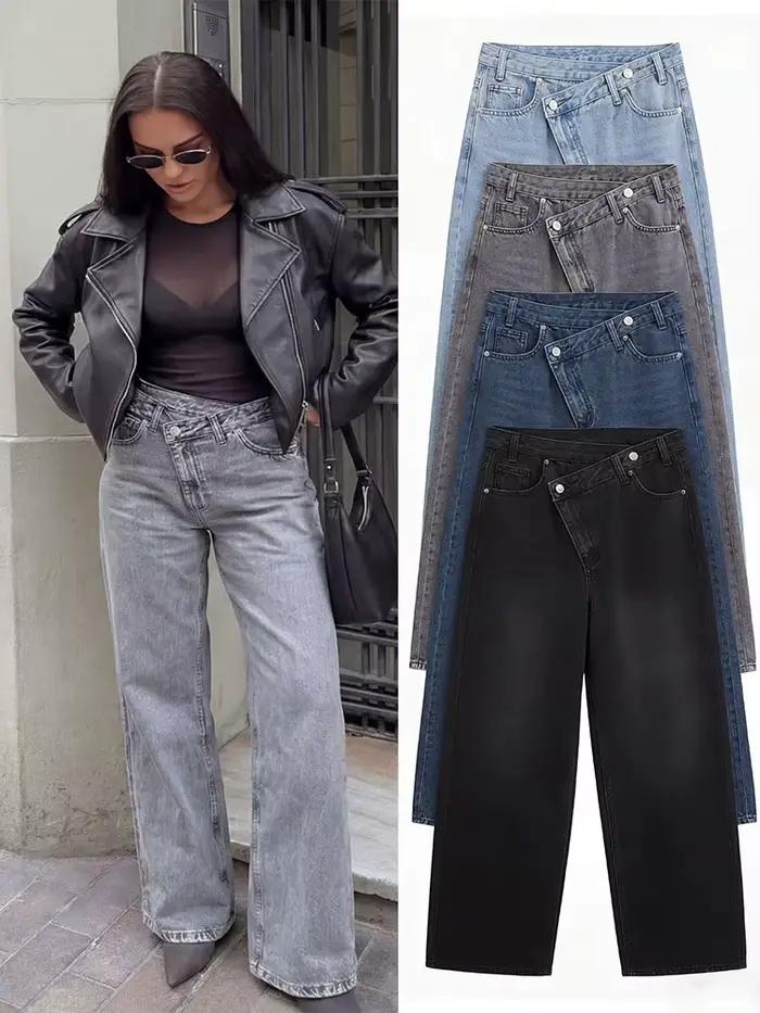 Jean large asymétrique multicolore taille haute pour femme