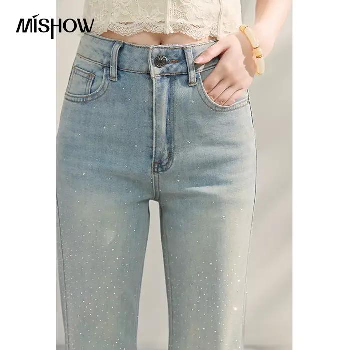 MISHOW Jean évasé taille haute bleu clair style vintage français pour femme avec strass
