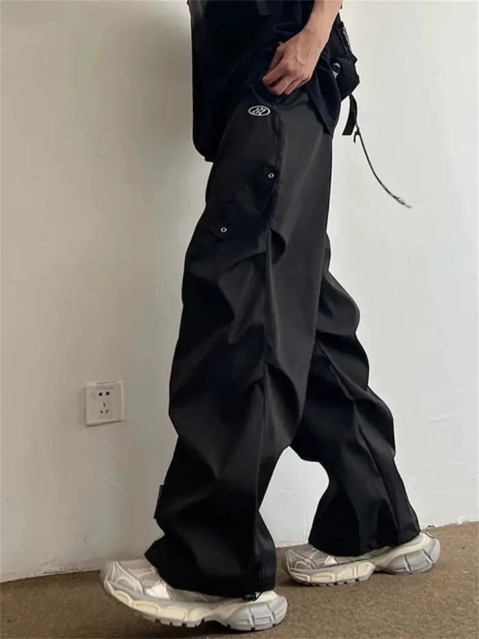 Pantalon cargo noir homme ample hip-hop coréen punk style safari plissé polyester drap fin printemps été
